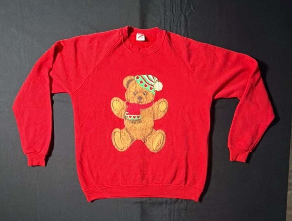 Vintage Jerzees Christmas Teddy Bear Applique Pullover Sweatshirt Red